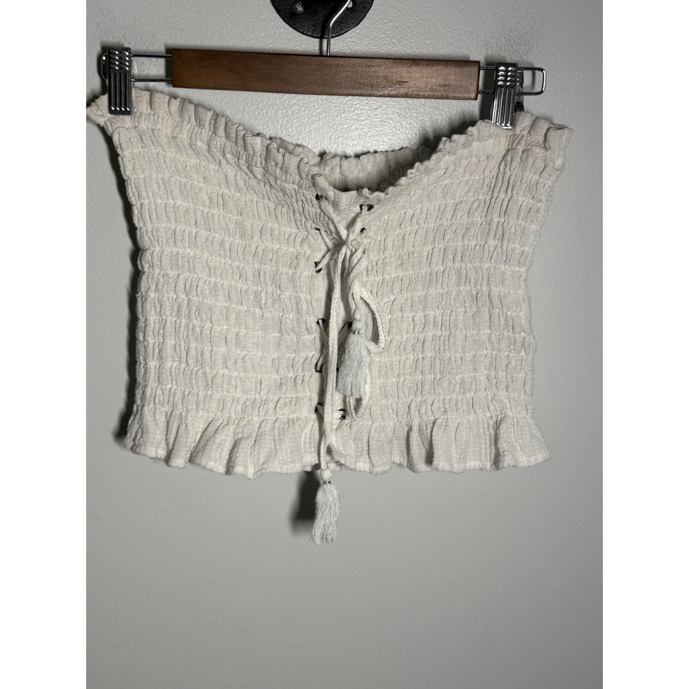 American Eagle Outfitters White Smocked Tube Top Lace Up Tassel Ruffle Hem Large